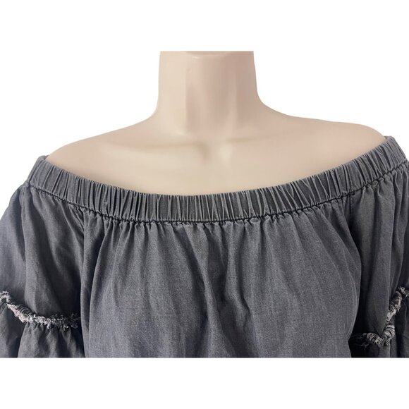 Elan Grey Chambray Frayed Tiered Off Shoulder Tunic Dress Size M Summer Vacation - Picture 3 of 5